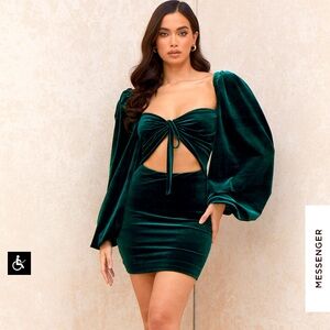 House of CB Teal Velvet Dress with Statement Sleeves